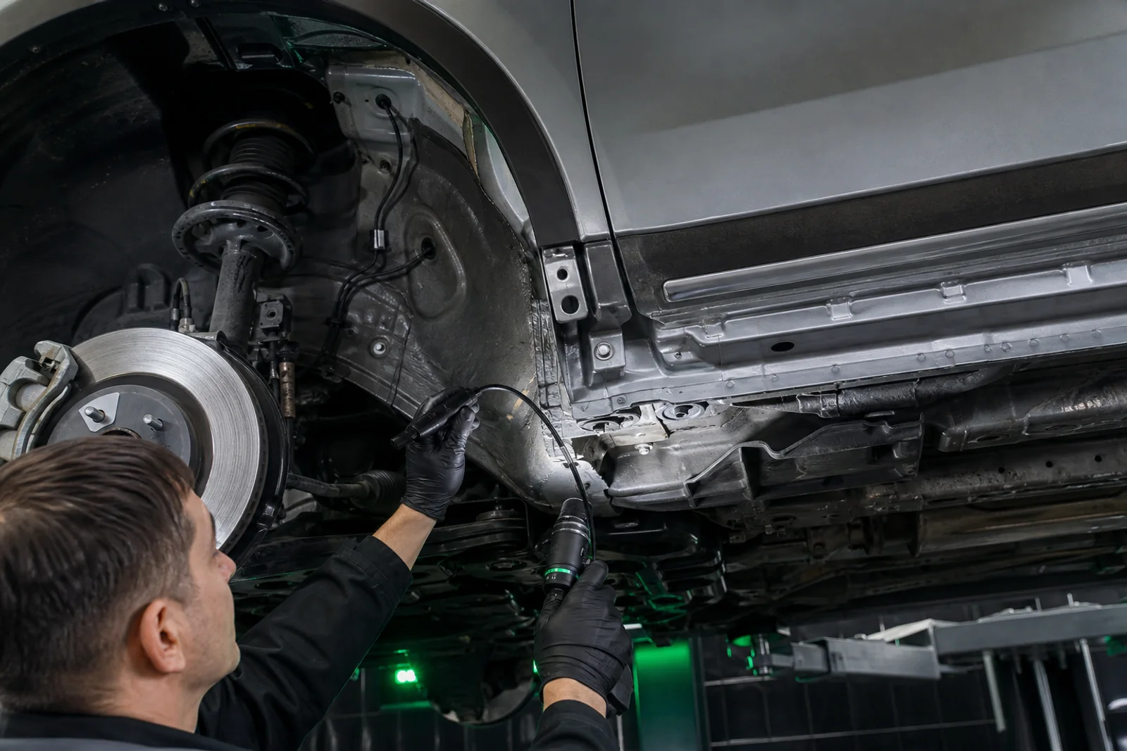 Осмотр порога и колёсной арки Geely Atlas эндоскопом после разборки