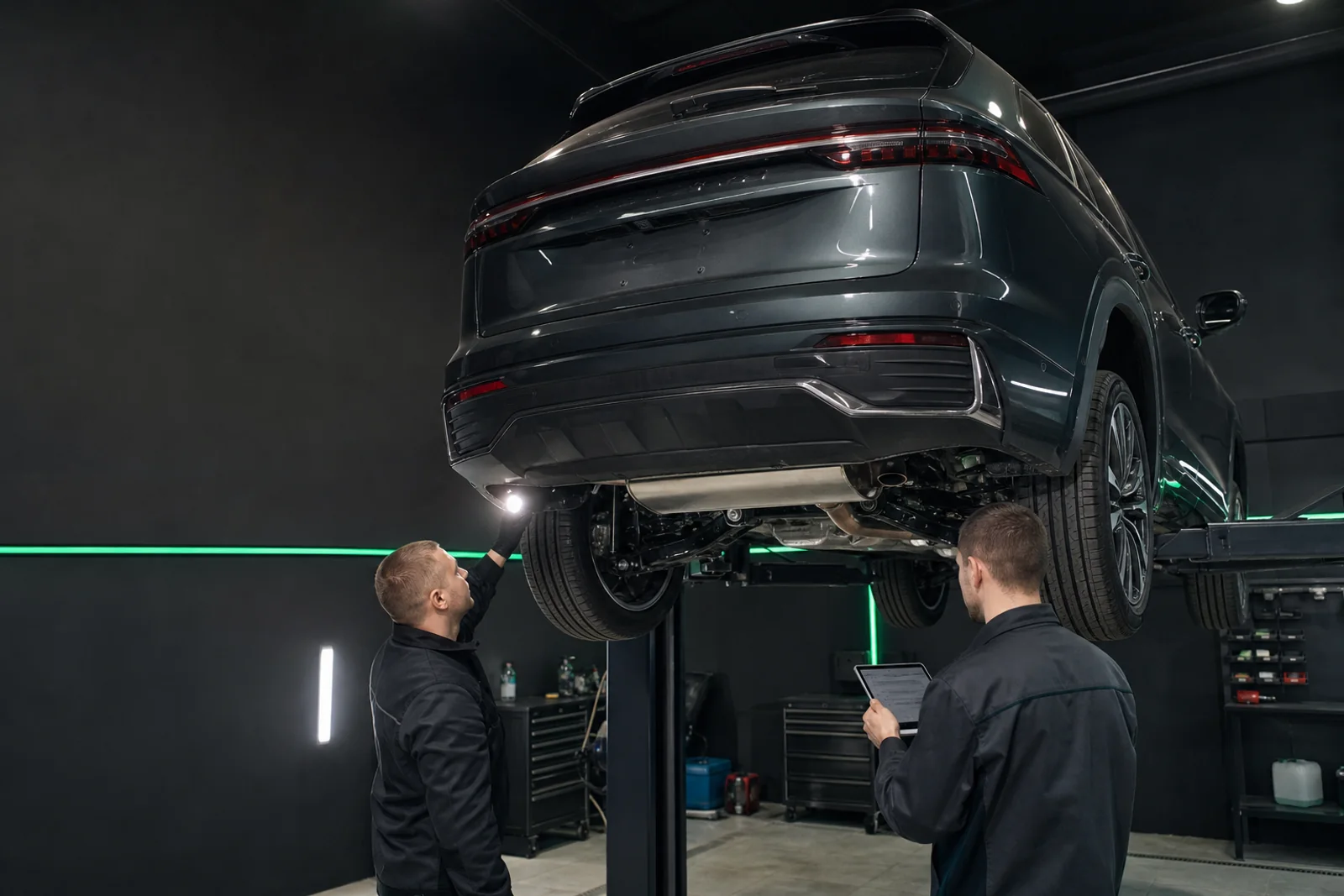 Geely Monjaro на подъёмнике во время осмотра днища перед антикором