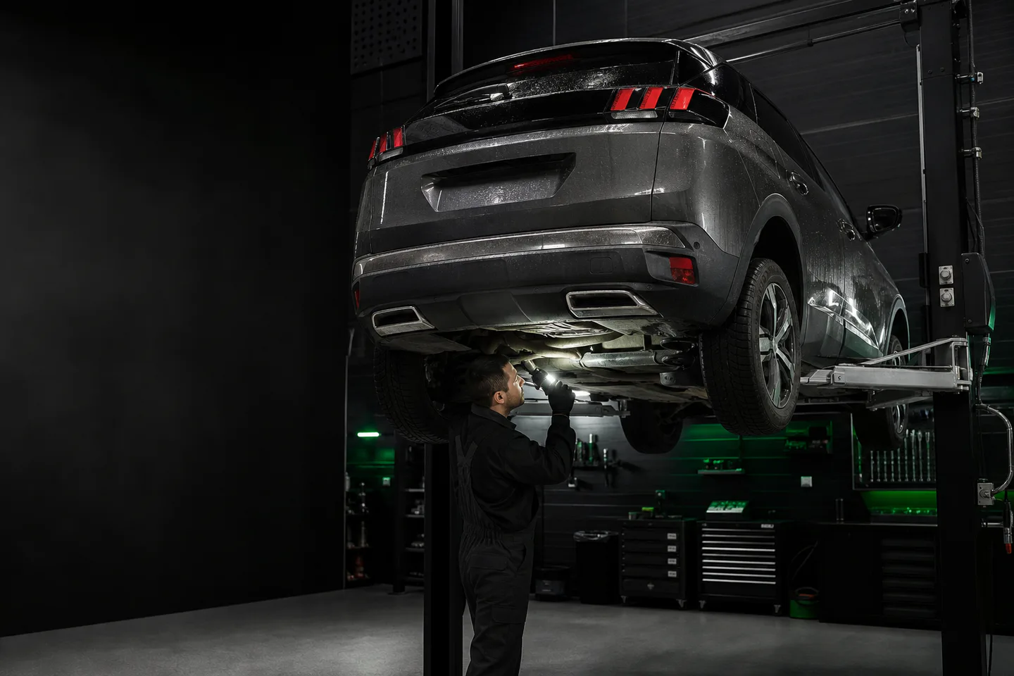 Peugeot на подъёмнике перед антикоррозийной обработкой